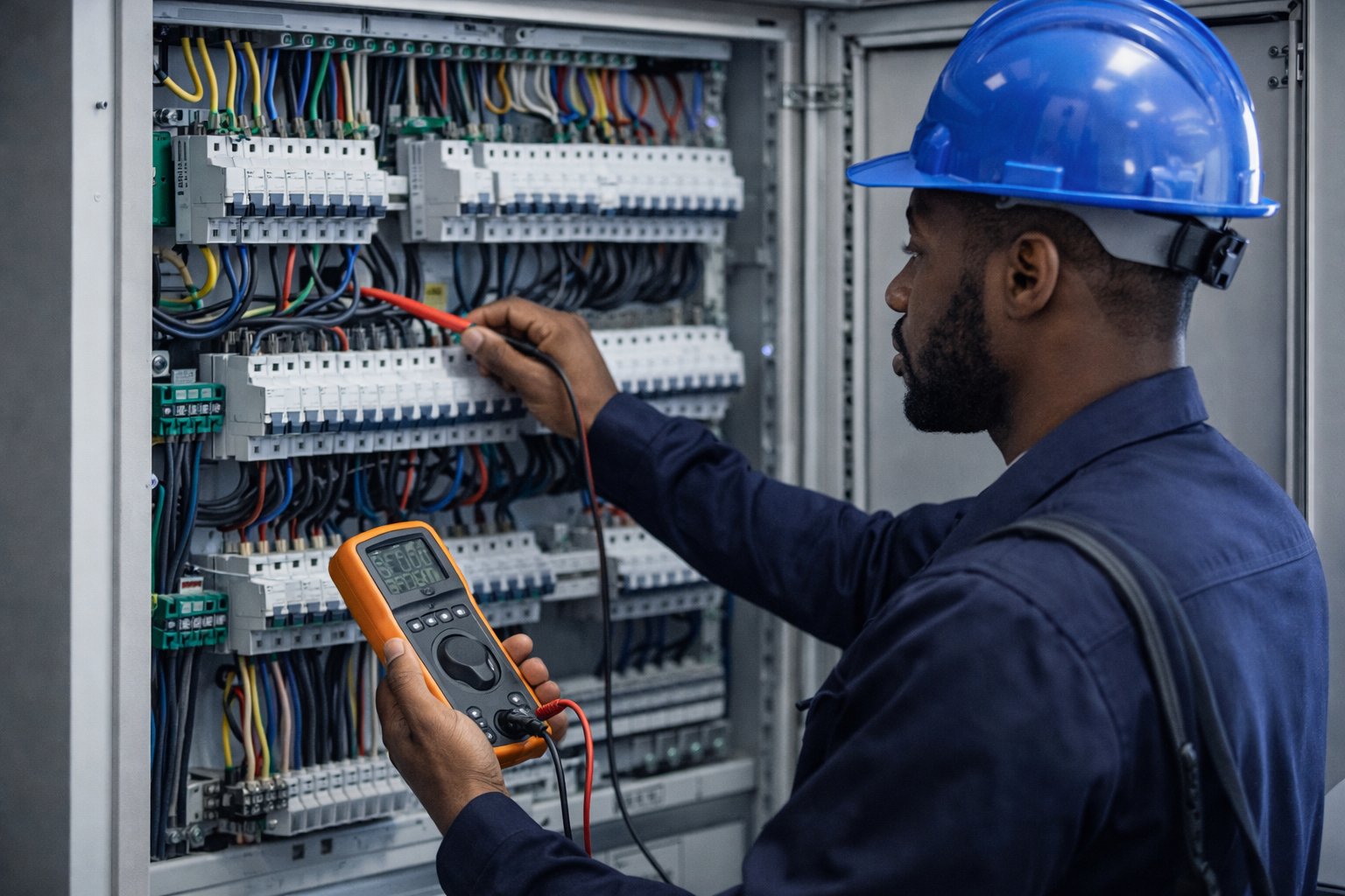 Technicien travaillant sur un tableau électrique