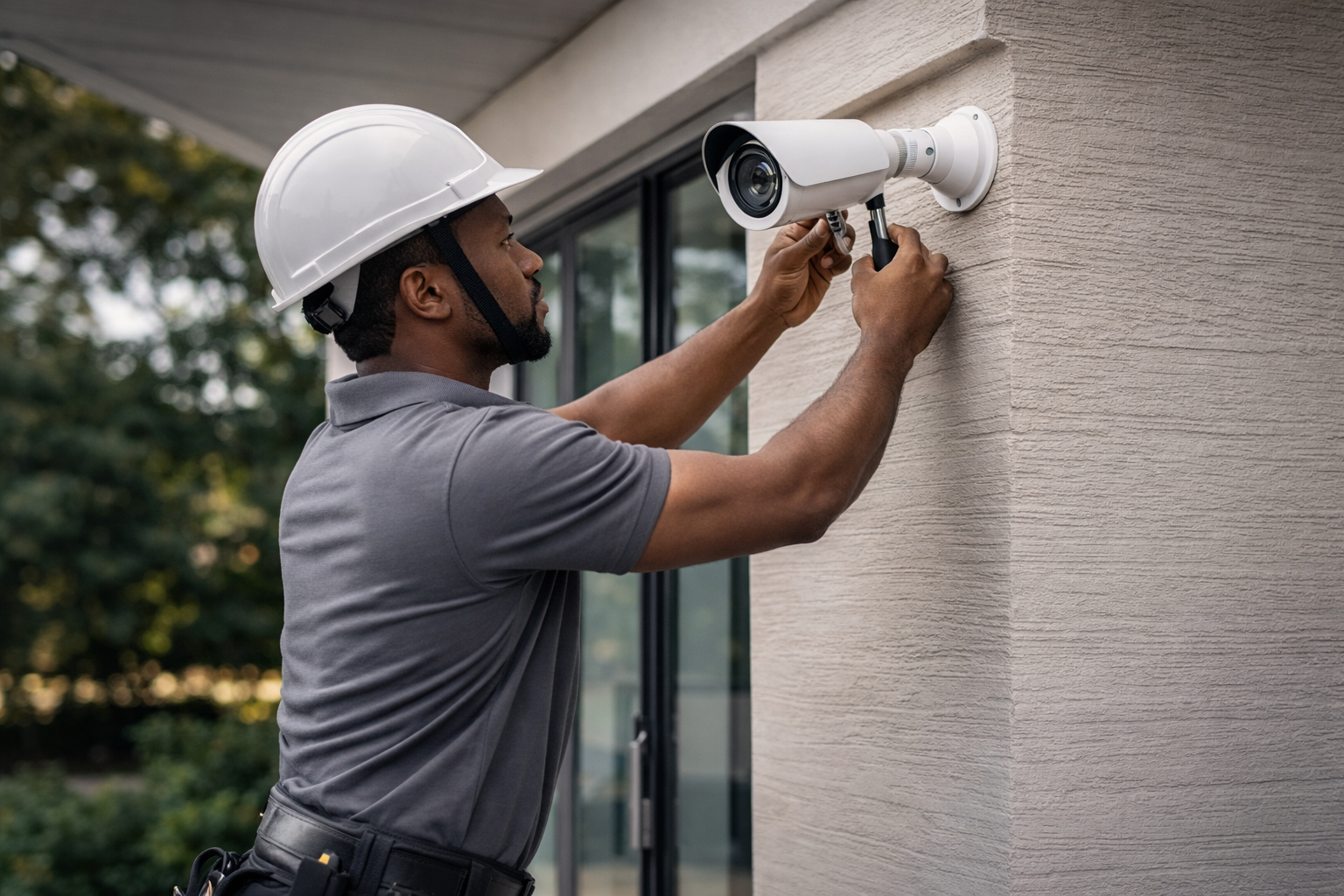 Technicien installant une caméra de sécurité sur une résidence